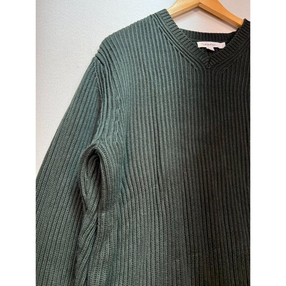 Calvin Klein Mens V-Neck Sweater Large Green Ribbed Knit Pullover Cozy Casual - Picture 4 of 9
